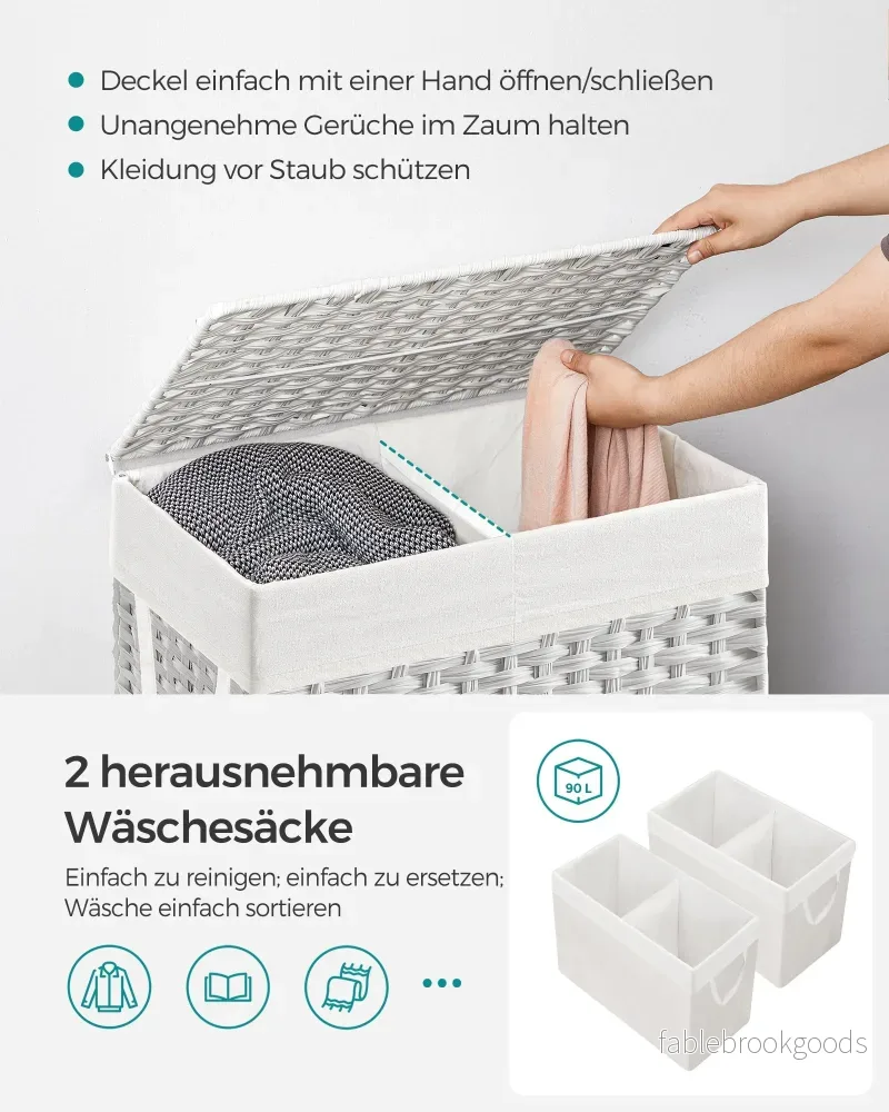 Wasmand met Deksel - 2 Vakken - 90 Liter - Handgeweven - Wit - Bild 3