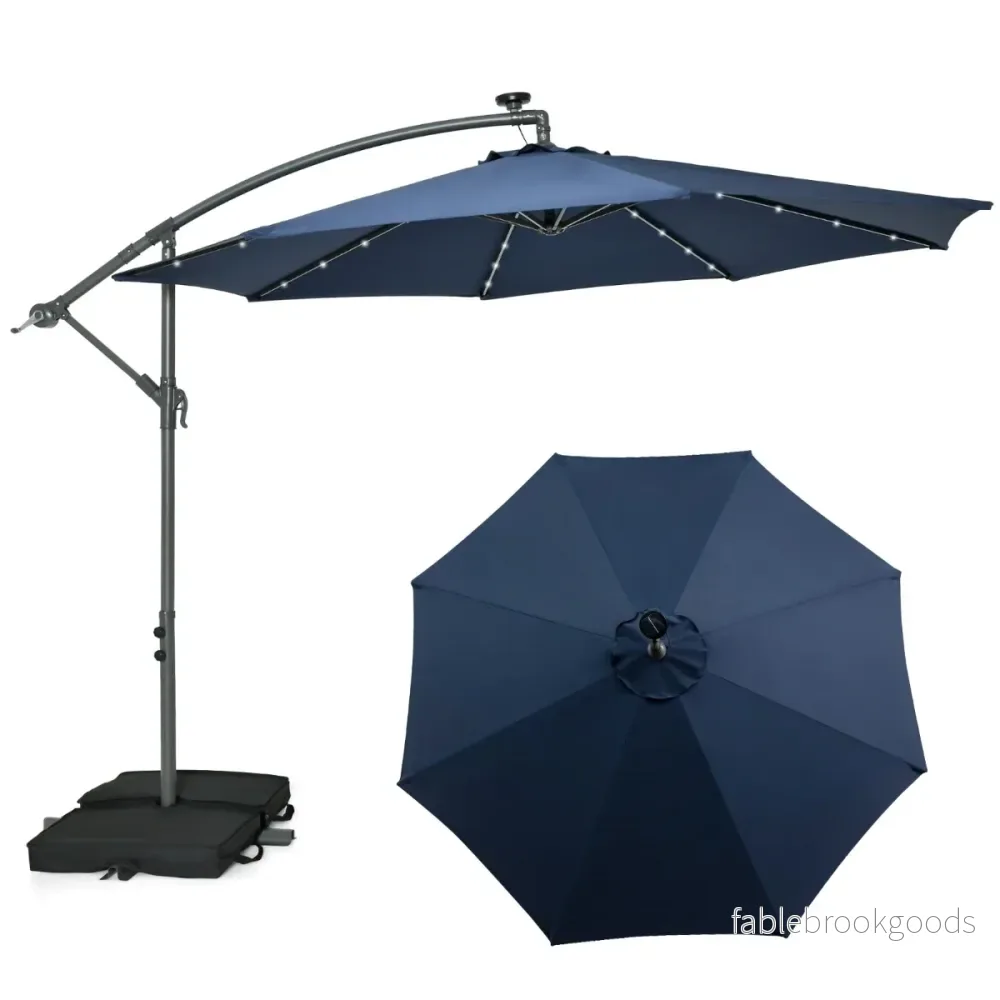 Fribärande – paraply med solar LED lampor och sandsäckar vev UV skydd parasoll – 40 Ø 300 cm – Blå