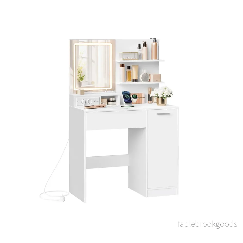 Sminkbord med LED-spegel och låda – Vit Sminkbord med LED-spegel och låda – Vit