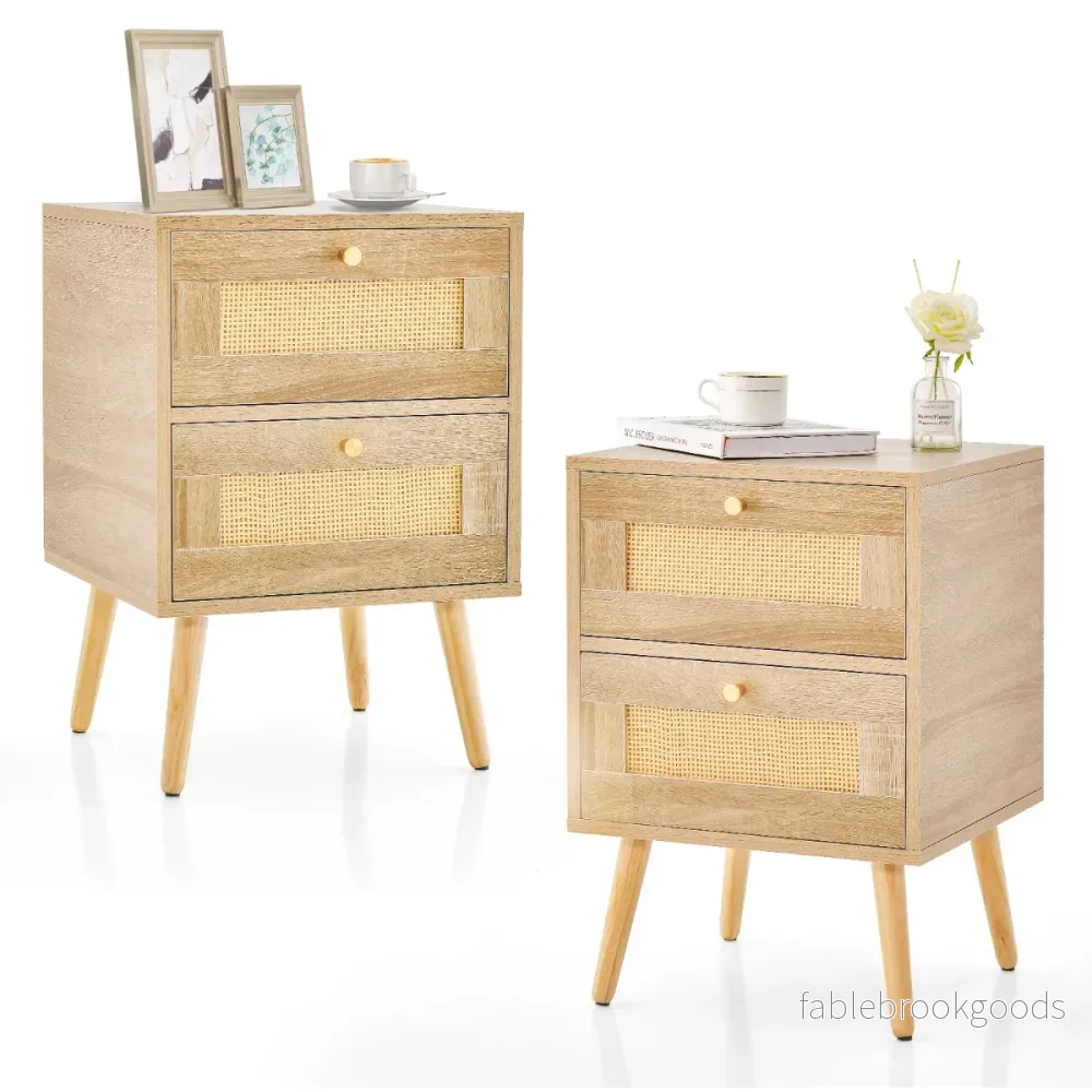 Set – med nattduksbord i rotting i boho stil lådor och sängbord ben i massivt – 2 2 – Natur