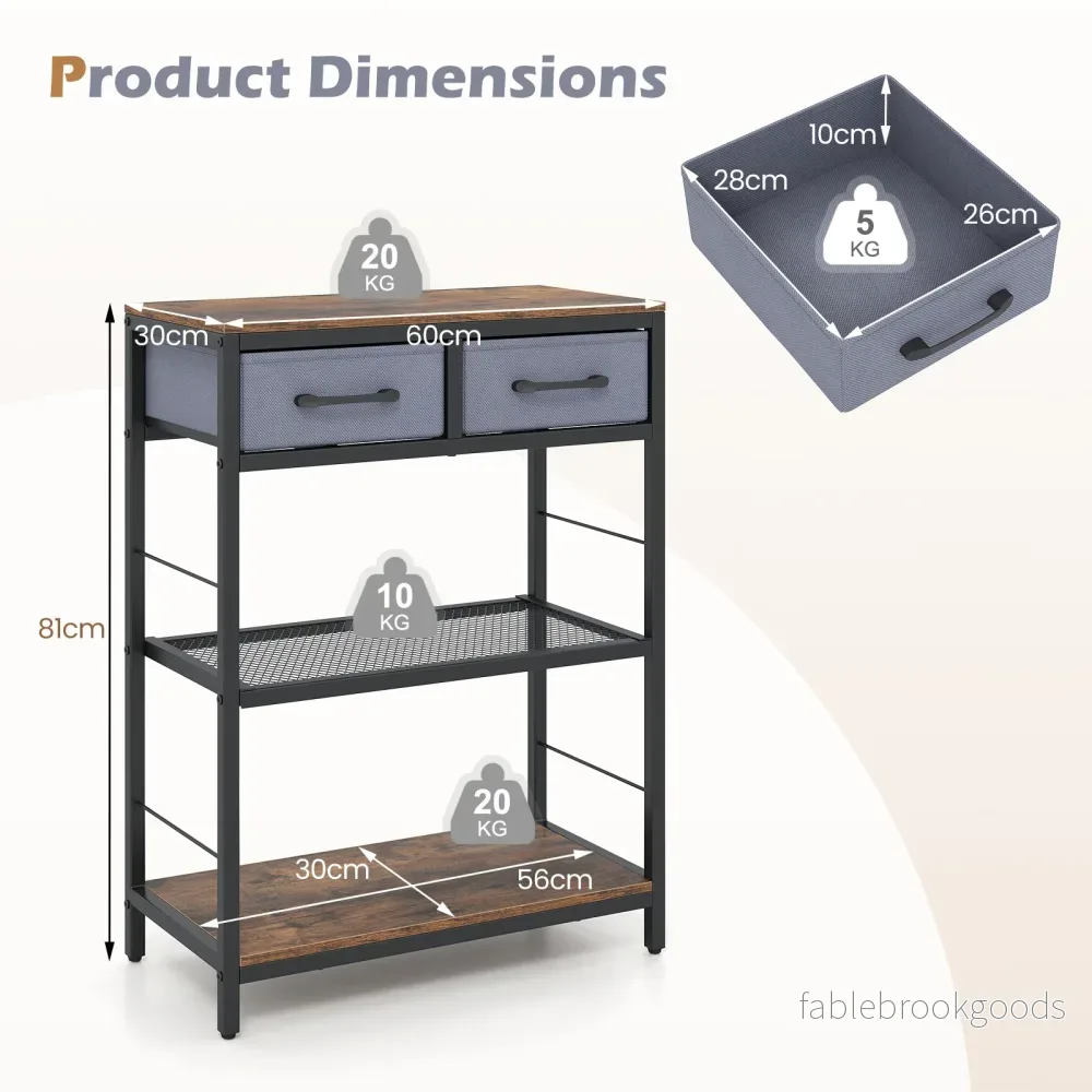 Smal – konsolbord, entrébord med två tygfacklådor och öppna hyllor cm, rustikbrunt – 60 x 30 x 81 - Bild 2
