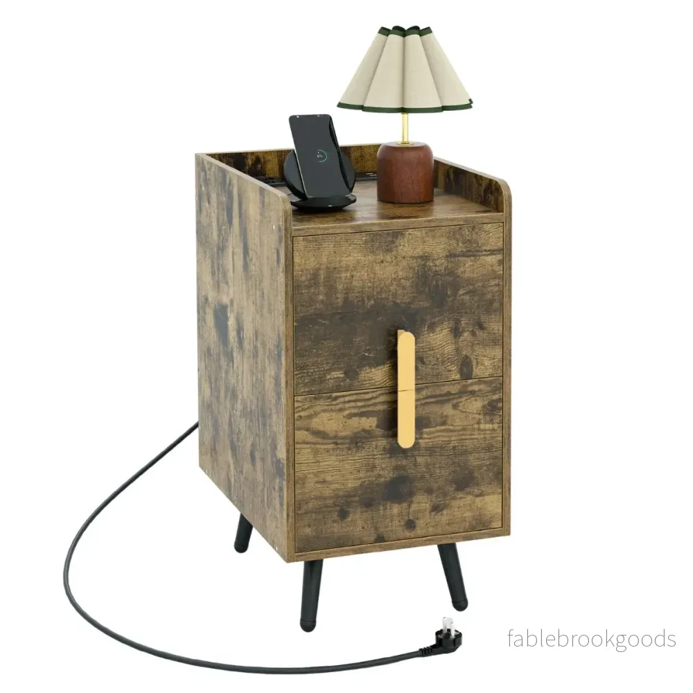 Sängbord – med laddstation smalt lådor och USB portar – 2 40 x 32 x 60 cm – Rustik brun