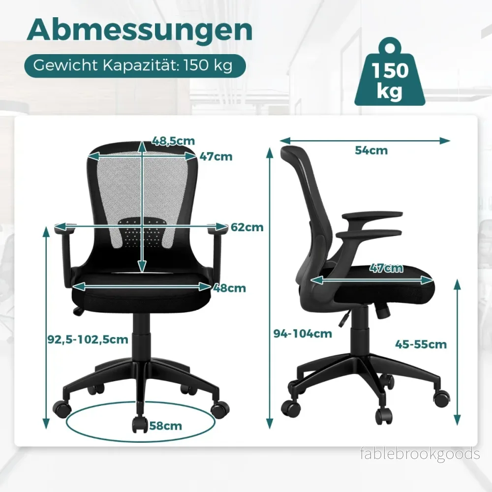 Ergonomisk – kontorsstol med fällbara armstöd och ländryggsstöd – Svart - Bild 2