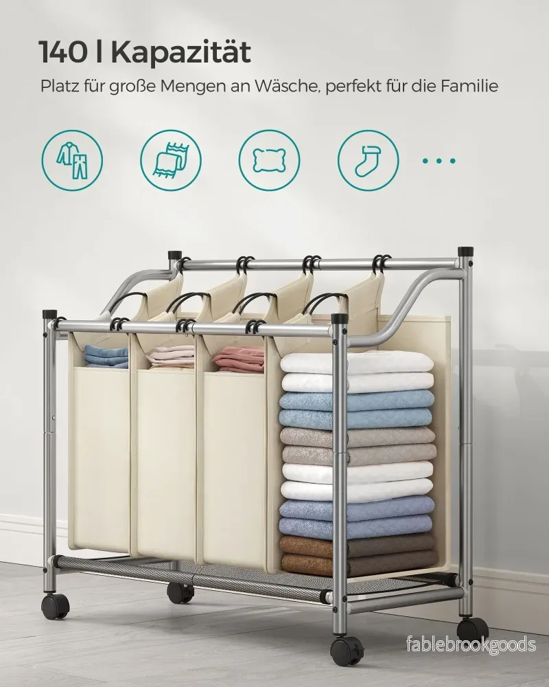 Tvättkorg på hjul – 4 avtagbara fickor – Beige - Bild 3