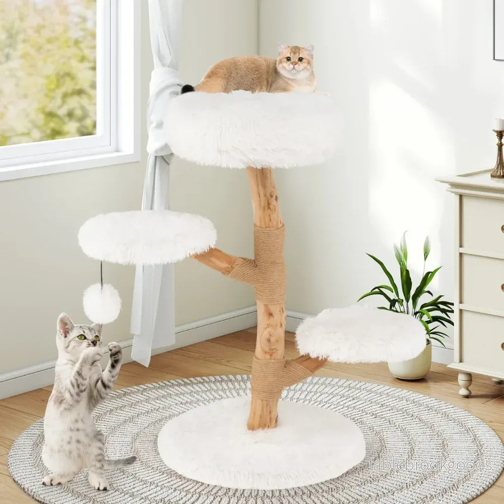 Hög – klösstång för katter i massivt päronträ med utsiktsplattform – 90 cm – Vit - Bild 3