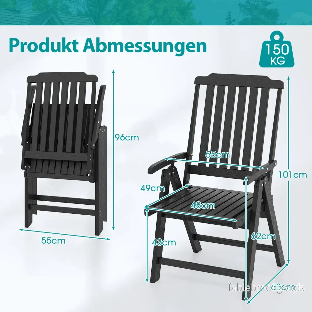 Fällbar – trädgårdsstol hög rygg fällstol i plast väderbeständig balkongstol i trälook terrassstol upp till belastningskapacitet – 150 kg – Svart - Bild 2