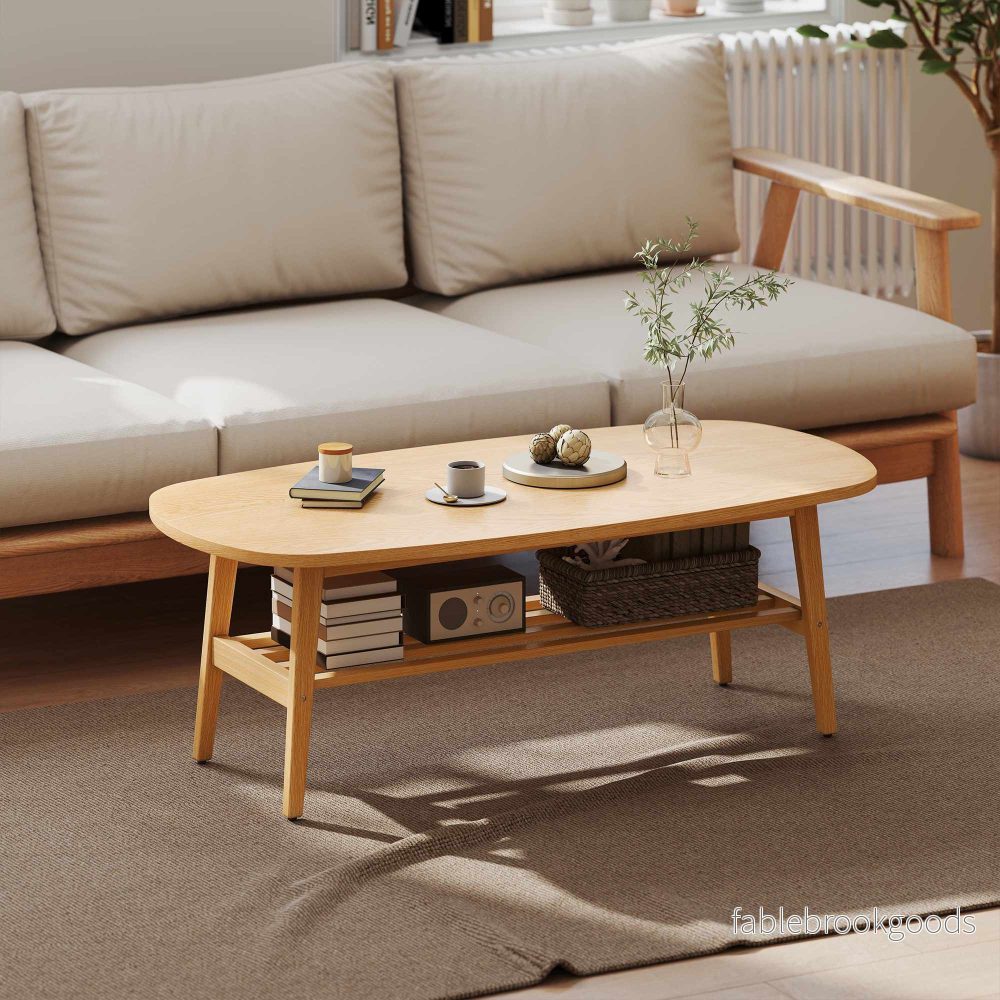 Ovalt soffbord med hyllplan, naturträ, 120x60x42 cm - Bild 2