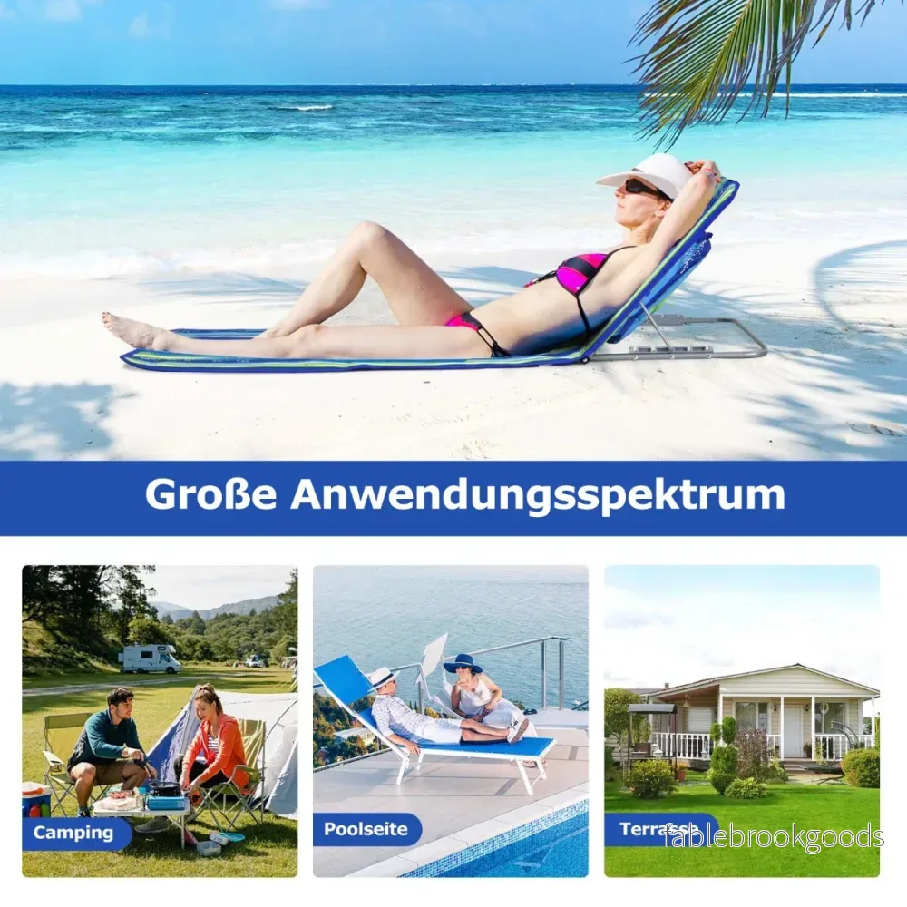 Strandmatta – med Sidobord Justerbar Solstolsset + – 2 x 151 x 55,5 x 27-47 – Blå och grön - Bild 3