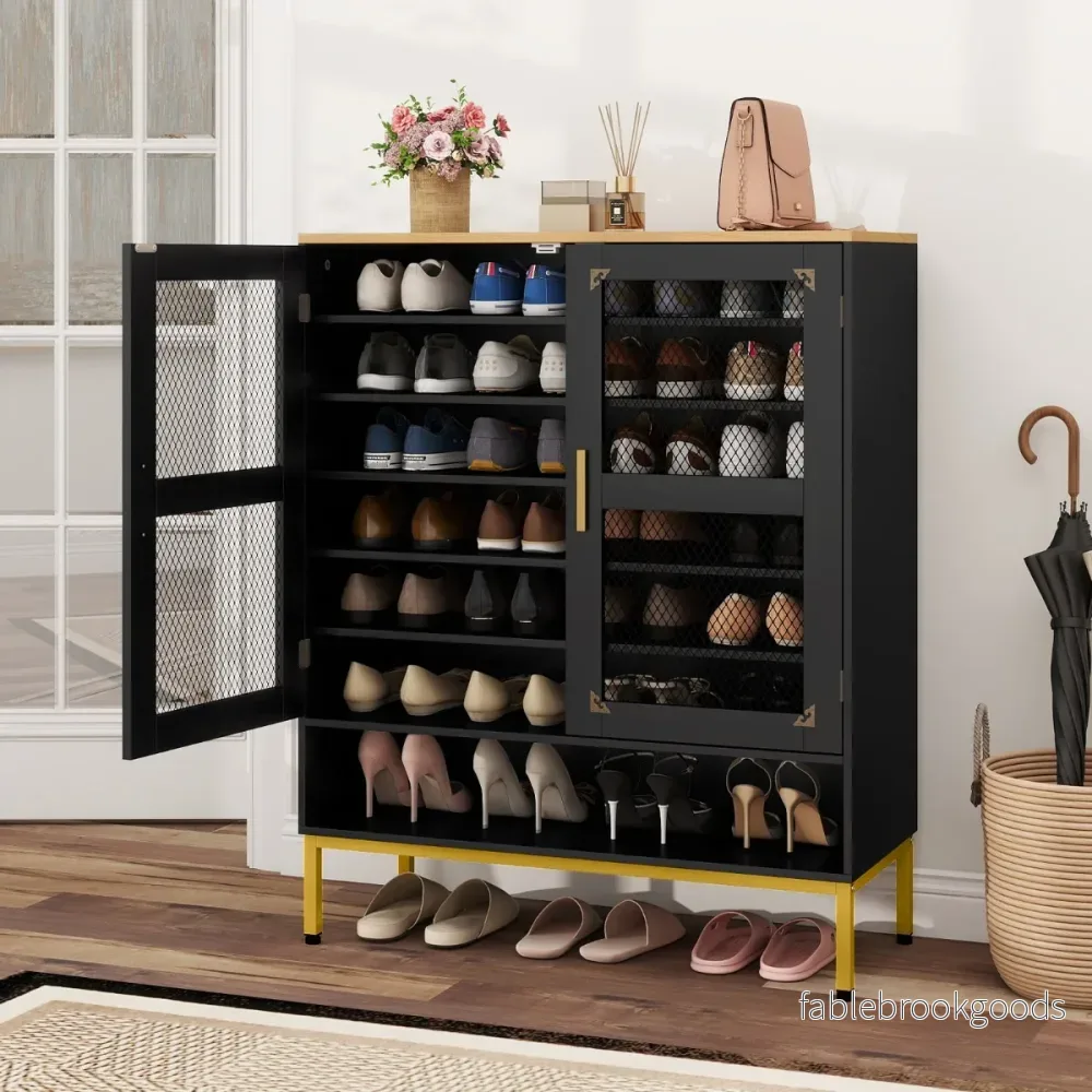 Modern – Trä Skoskåp med Maschdörr och Justerbar Hylla Metallben – Svart - Bild 3