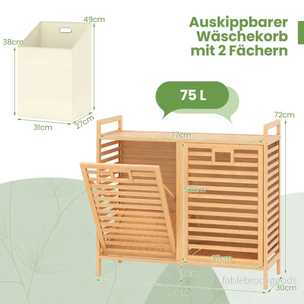Dubbelt – tvättkorg svängbar 75L bambus tvättsamlar med avtagbara behållare – 2 – Natur - Bild 2