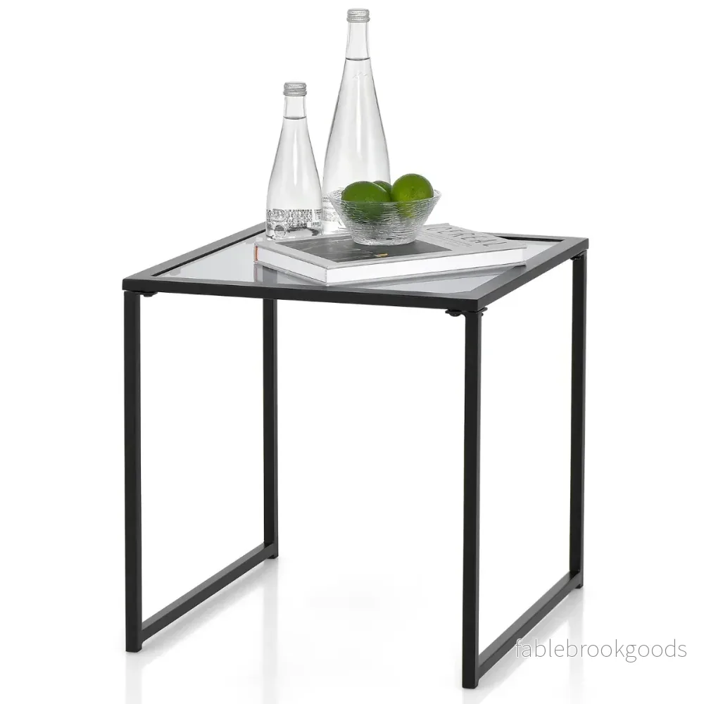 Sidobord – Litet trädgårdsbord Balkongbord med bordsskiva i härdat glas – 43 x 43 x 45 cm – Svart