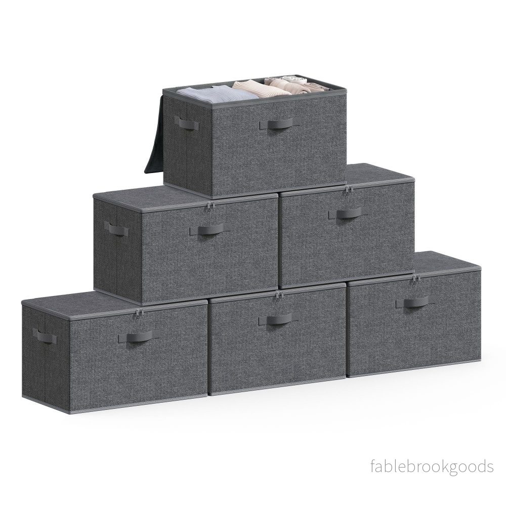 Opbergdozen - Set van 6 - Met Deksel - Linnenlook - Grijs - Bild 2