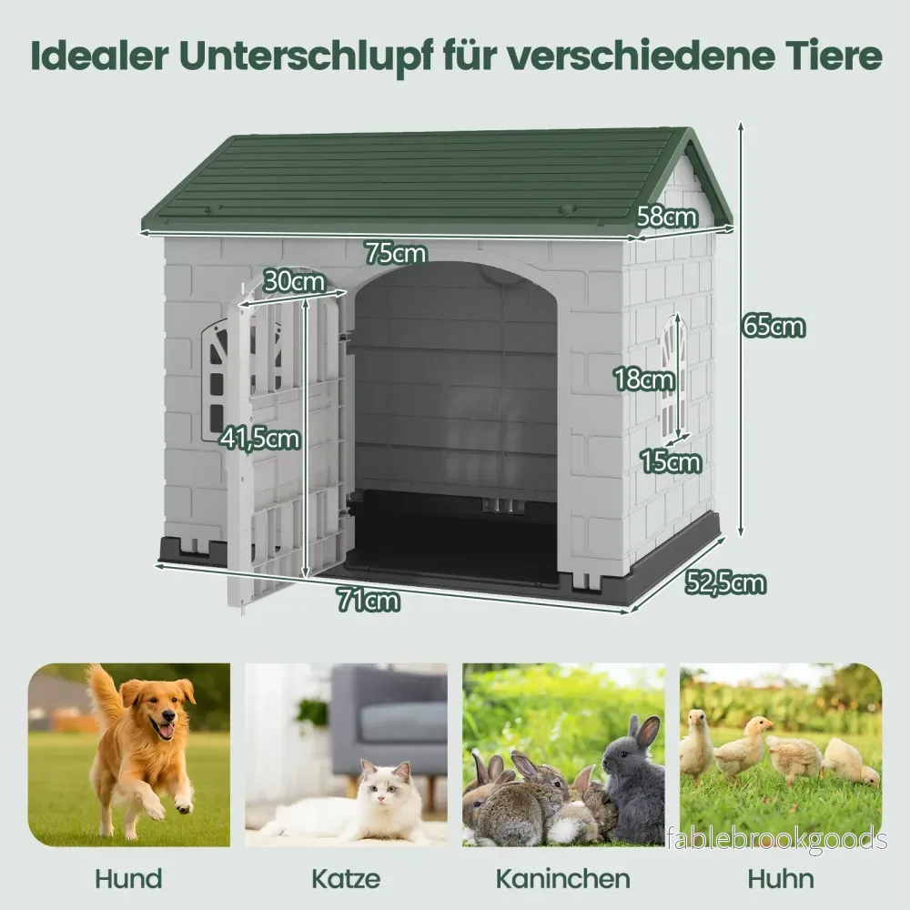 Hundkoja – i plast väderbeständig hundhus med låsbart dörr, fönster och snedtak för små hundar katter – 3 – Grön - Bild 2
