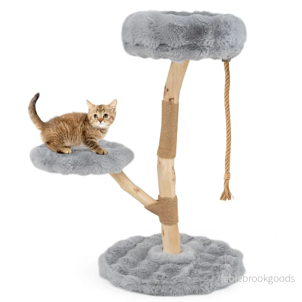 Massivt – trä kattpinn med plyschsittytor, rep och repstolpe, kattträd, katttorn – 3 90 cm – Grå