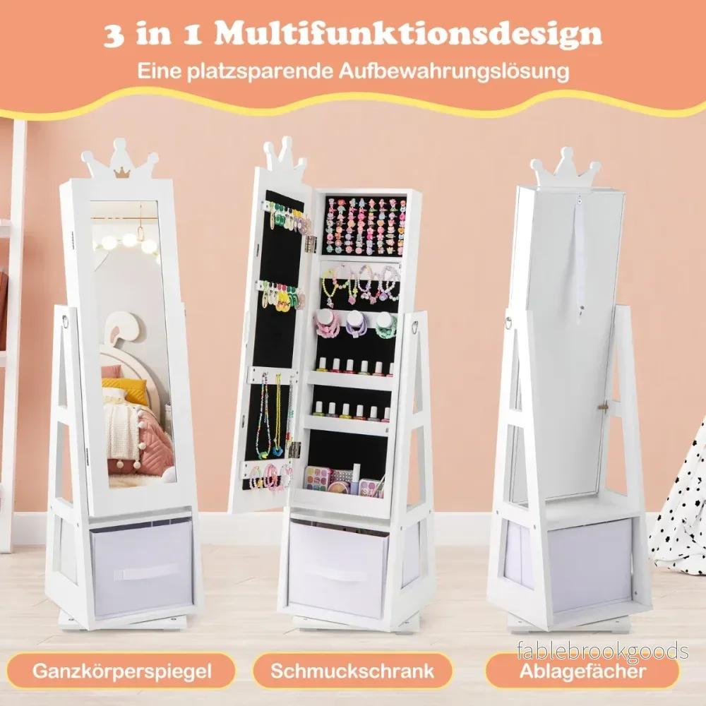 i – smyckesskåp för barn med fullängdsspegel och förvaringskorg Smyckesställ – 3 1 – Vit - Bild 3