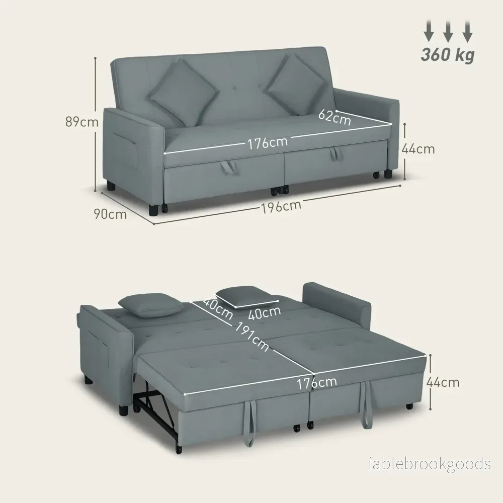 Konvertibel 3-sits bäddsoffa med justerbart ryggstöd, grå - Bild 3