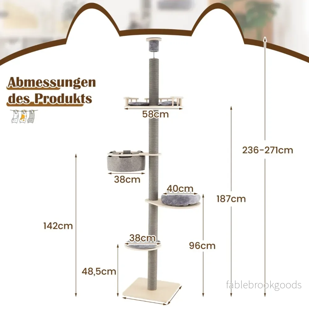 Golv – till tak klösträd med justerbar höjd nivåers plattform – 236-271 cm 5 – Grå - Bild 2
