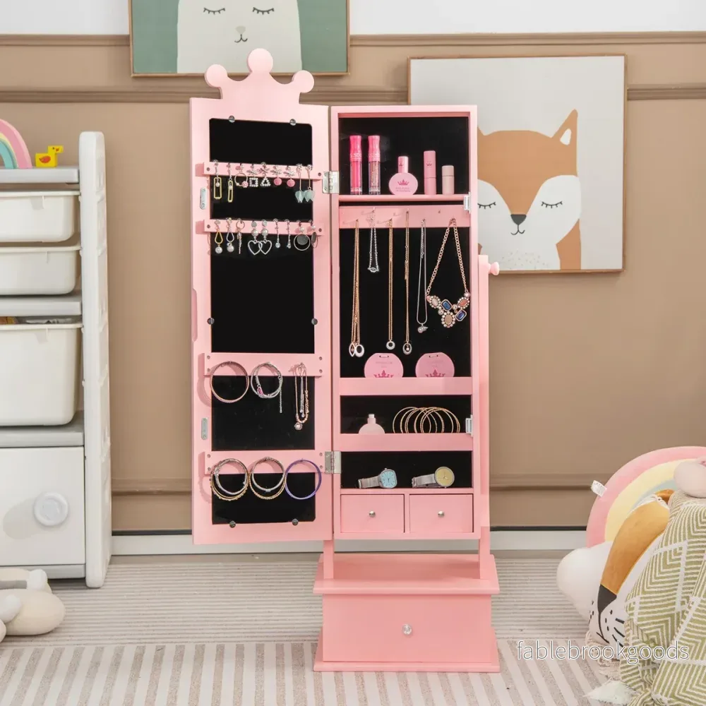 Smyckesskåp – för barn med fullängdsspegel och lutningsvinklar lådor – 2 3 – Rosa - Bild 2