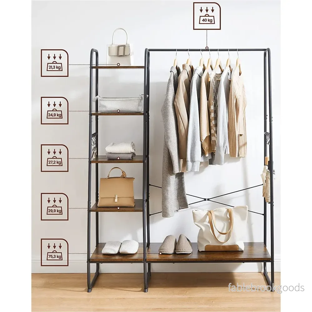 Klädhylla med skohylla och 6 krokar - Industriell design - Vintage brun-svart - Bild 3