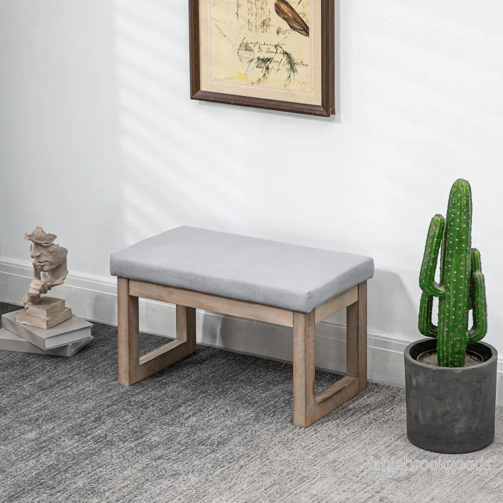 Grå fotpall i linnelook med träben – 68x38x42 cm - Bild 2