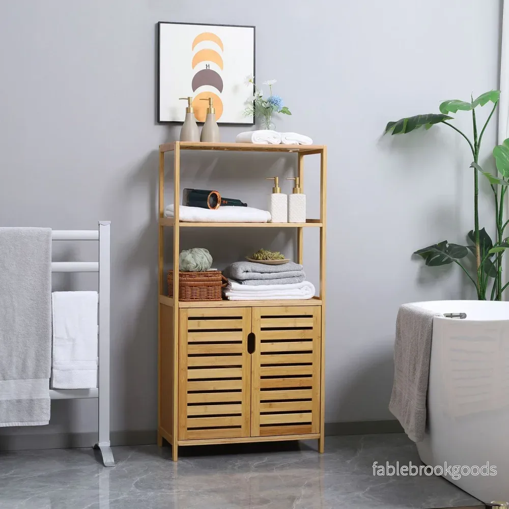 Badrumsskåp med jalusidörrar, bambu, naturligt - Bild 2