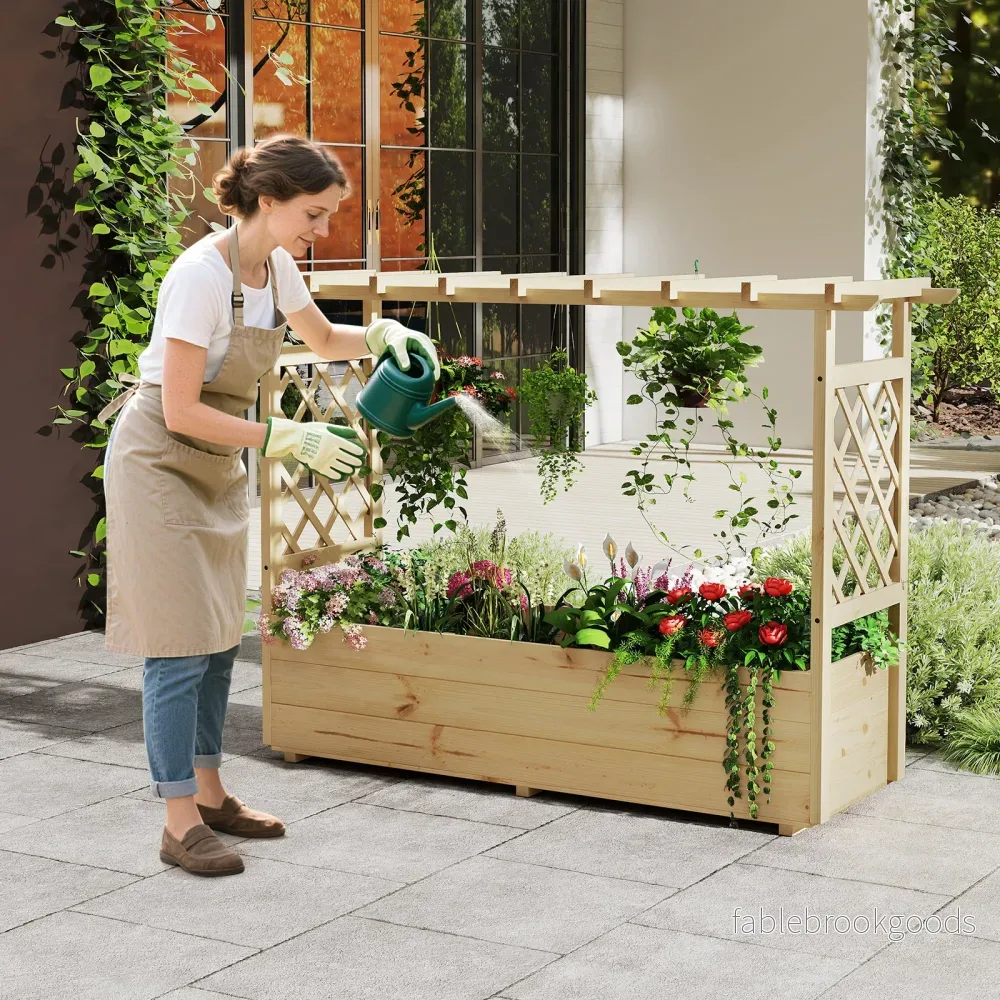 Högbädd – med spaljé och hängande tak, planteringslåda stöd dräneringshål, blomlåda – 150 x 50 x 104 cm – Natur - Bild 3