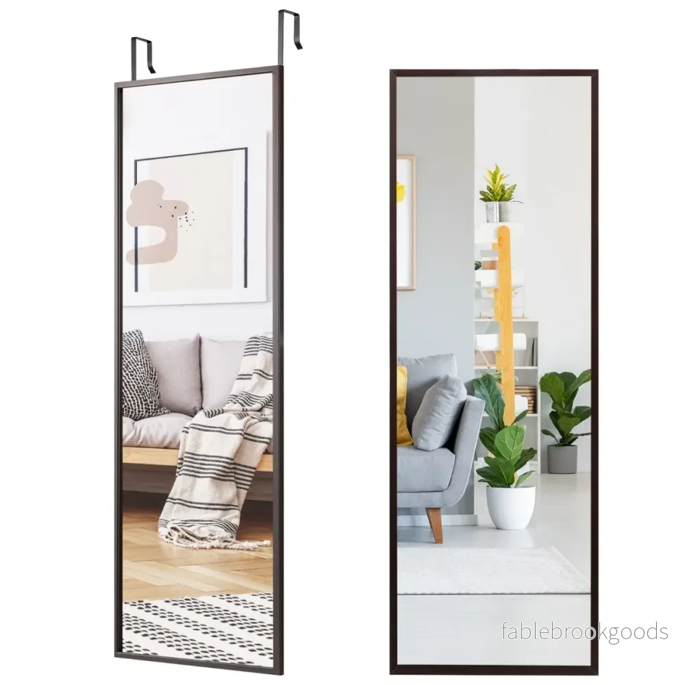 Hellängdsspegelväggspegel – med höjdjusterbara hängkrokar – 36,5 x 1,5 x 107 cm – Brun