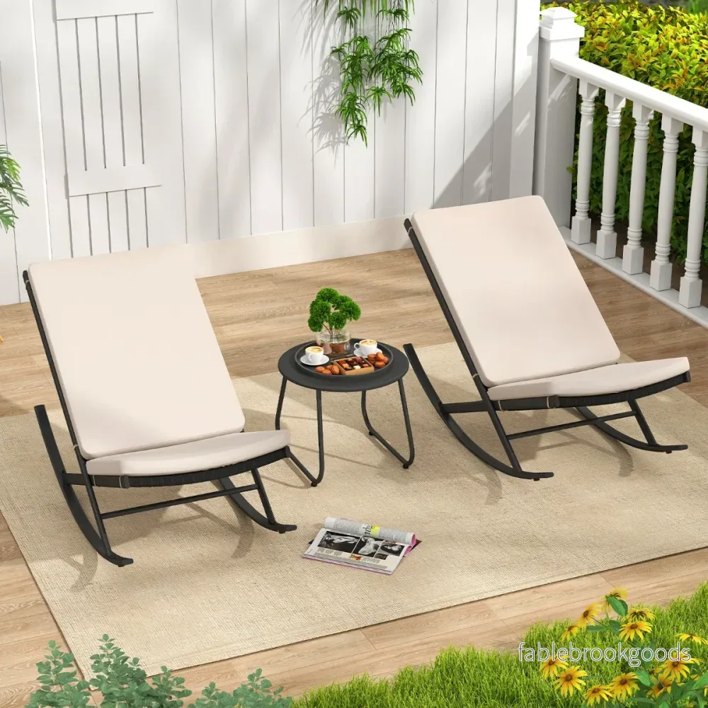 delat – svängande bistro set PE rattanstolar med metallsoffbord och tjocka kuddar trädgårdsmöbel – 3 – Beige - Bild 3
