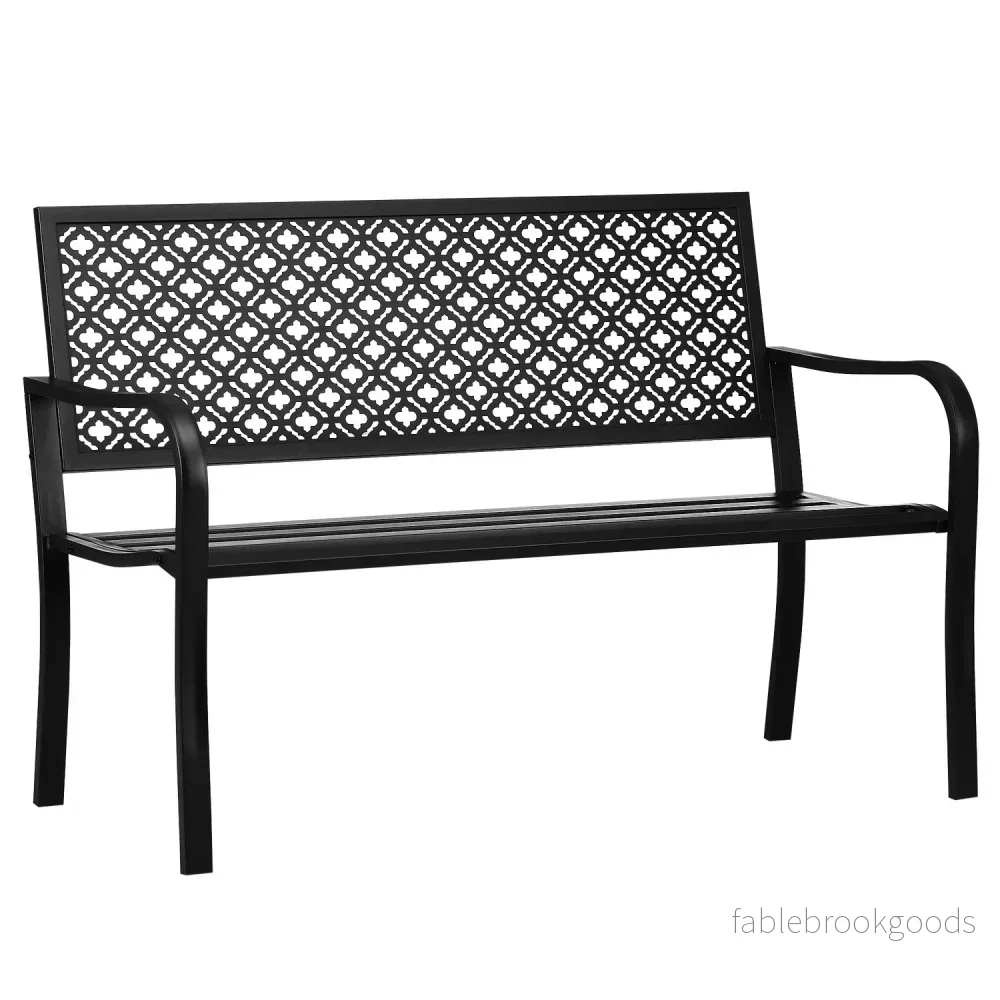 2-sits trädgårdsbänk i stål med armstöd, blommönster 2-sits trädgårdsbänk i stål med armstöd, blommönster