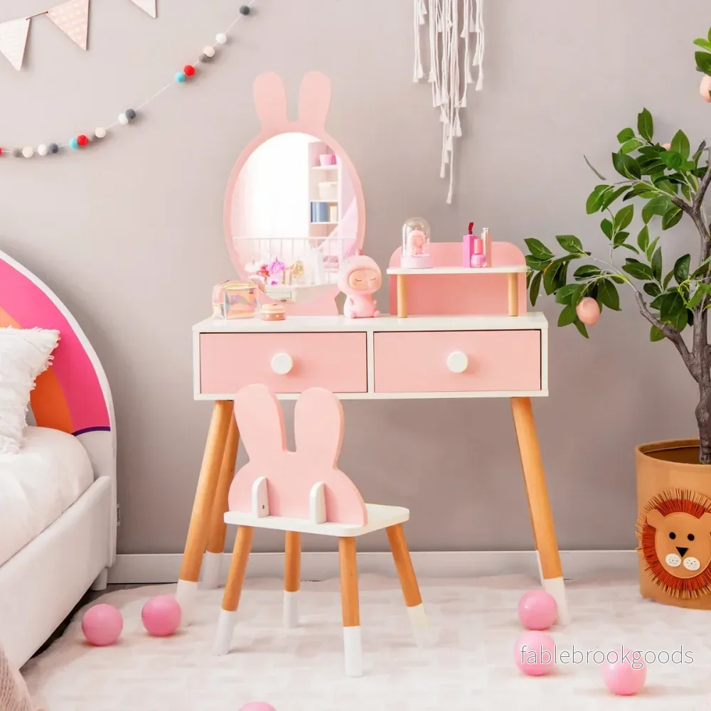 i – sminkbord och stolsset för barn med spegel lådor förvaringshylla – 2 1 2 – Rosa