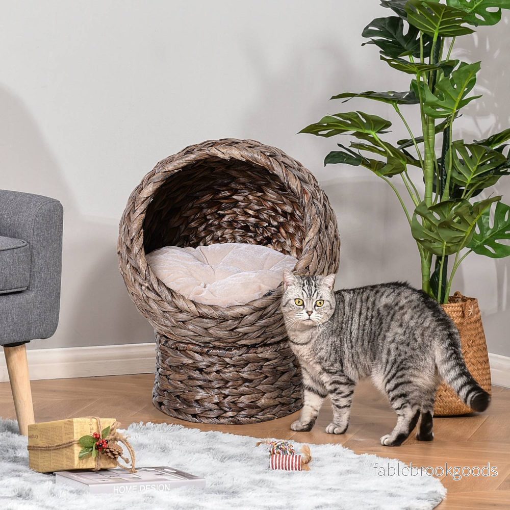 Rattan Cat Cave Bed, mörkbrun, vattenhyacint, med kudde - Bild 2