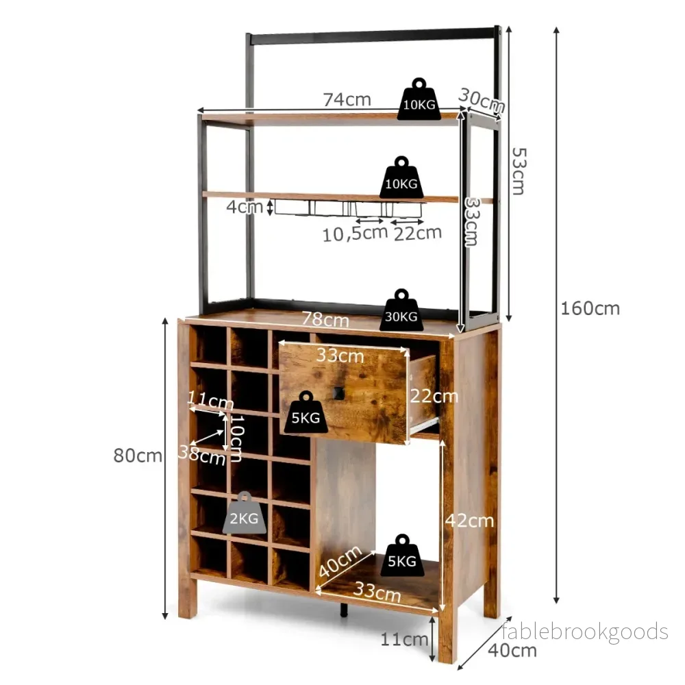 Köksskåp – bufféskåp med vinställ för vinflaskor och låda – 160 cm 18 74 x 40 x 160 cm – Rustik brun - Bild 3