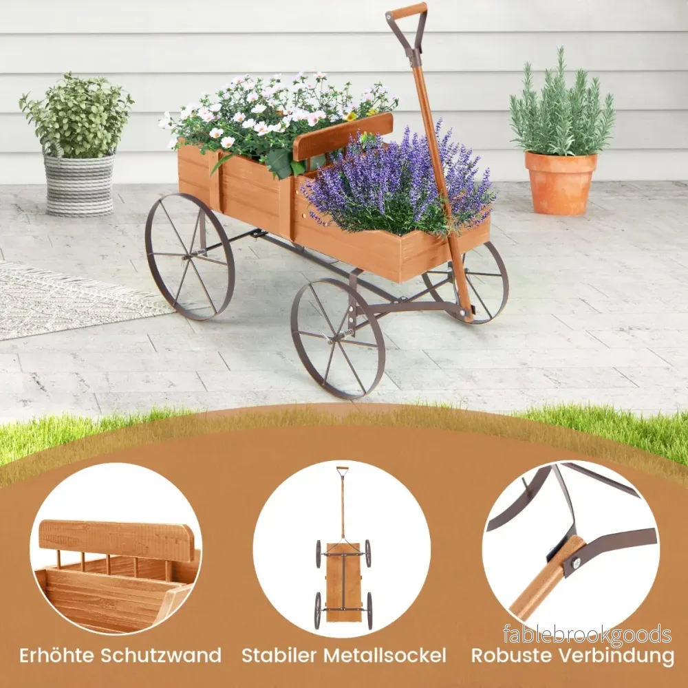Blomsterställ – trävagn växtvagn blomstervagn med hjul av metall – 62 x 34 x 60 cm – Orange - Bild 3
