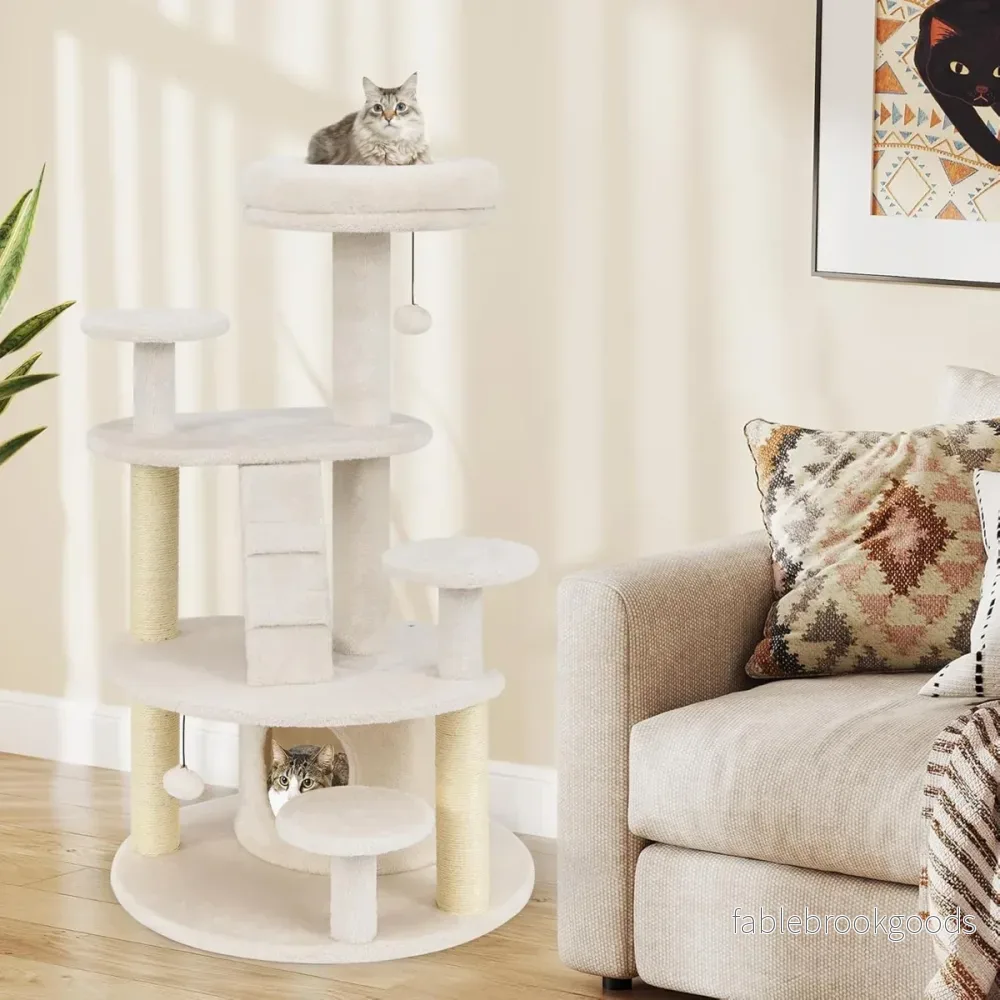 Liten – klösträd med kattgrotta och boll stege i trä – Beige - Bild 3