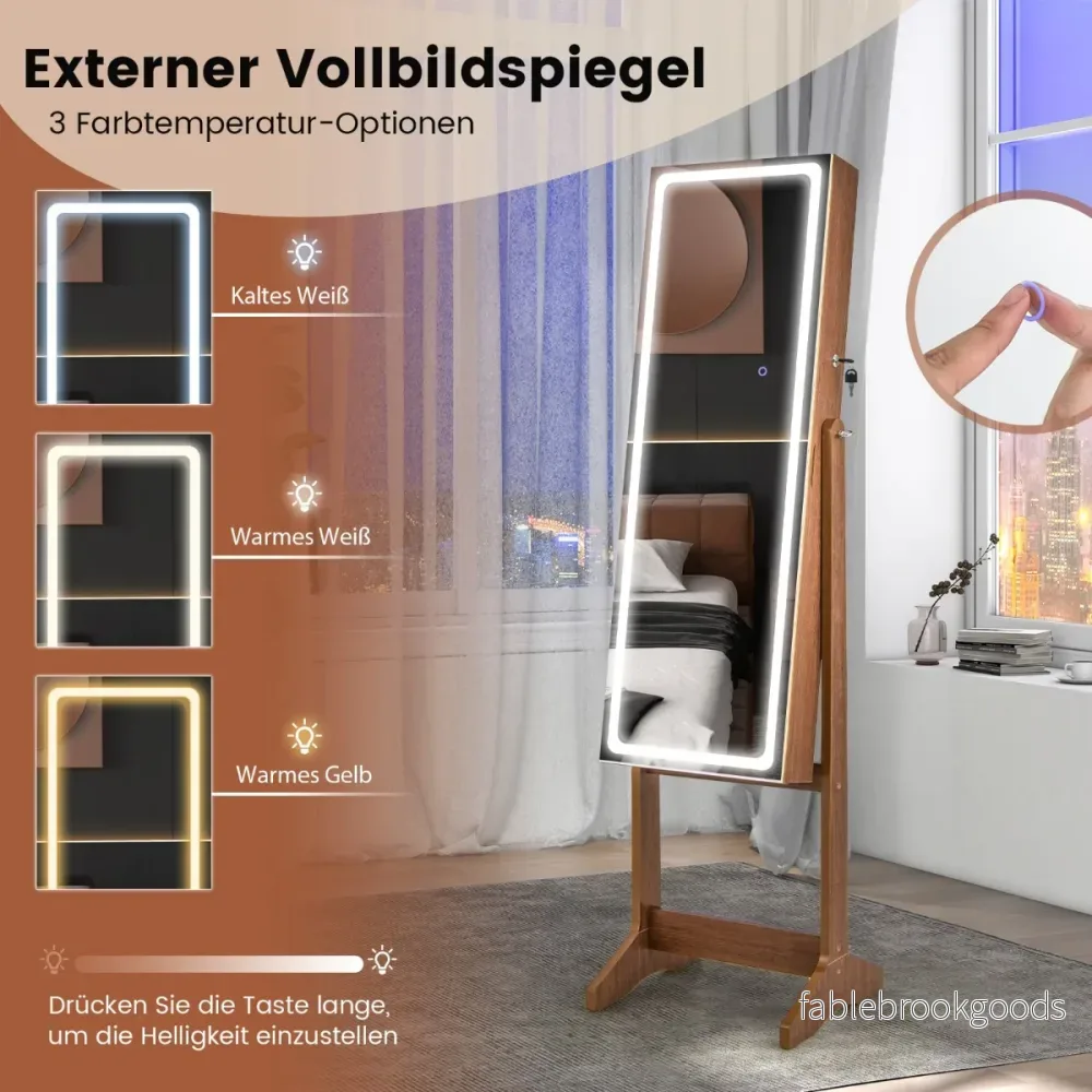 Smyckesskåp – med spegel och färgad LED belysning Smyckeshylla – 3 – Brun - Bild 3