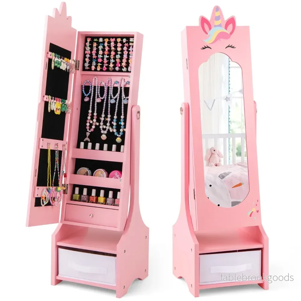 i – smyckesskåp för barn med fullängdsspegel och låda Spegelskåp Sminkspegel – 2 1 – Rosa