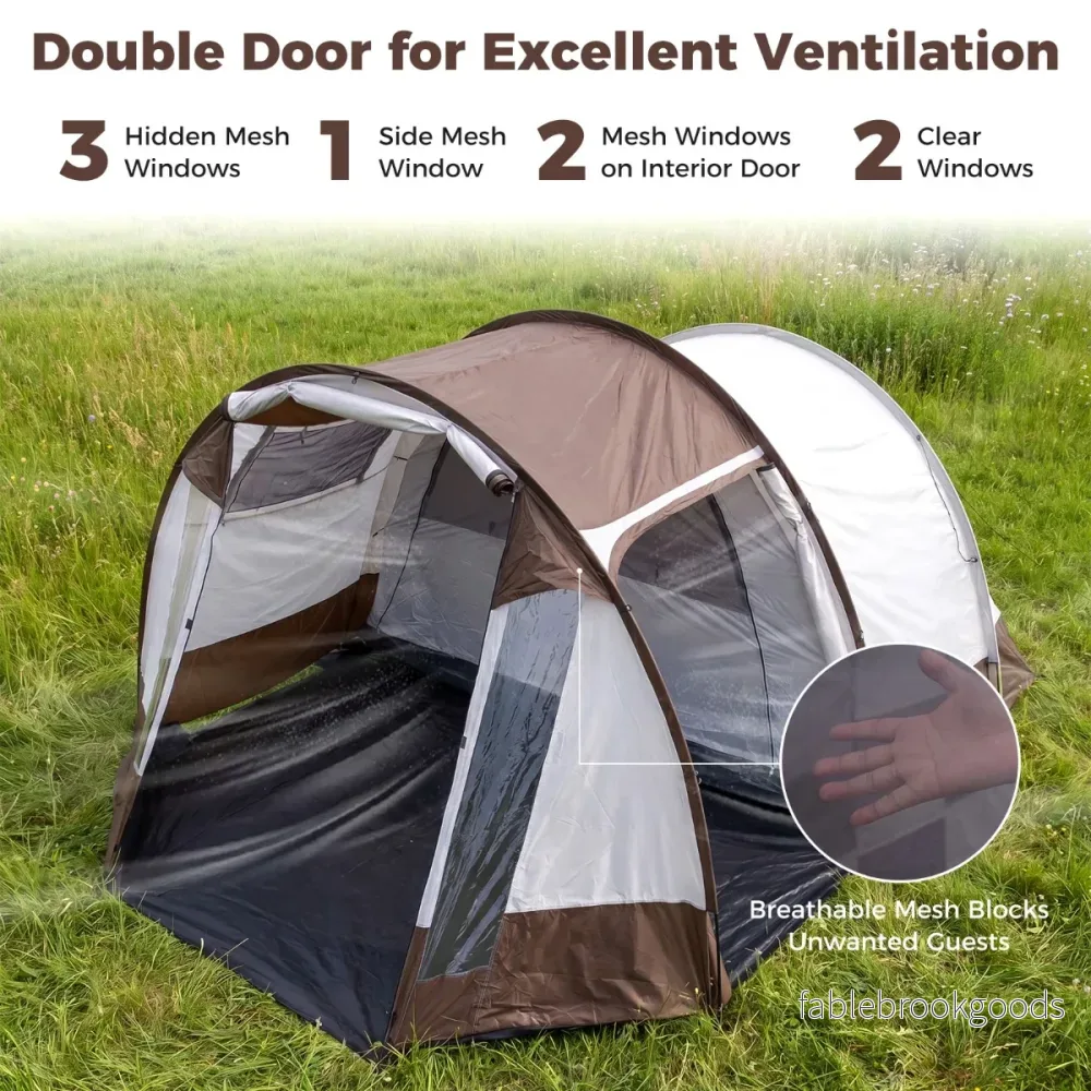 Tunnelttält – för personer, vattenavvisande campingtält med stort förrum och ventilationsdörr – 4-6 – Brun - Bild 3