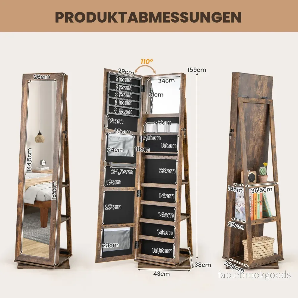 360° – roterbar smyckesskåp smyckesorganisatör med helkroppsspegel bakhyllor spegelskåp fristående vintagebrun – Brun - Bild 2