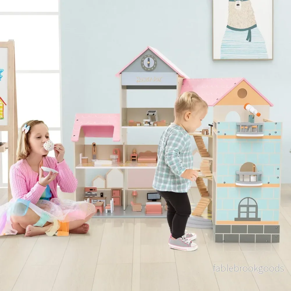 Hörndockhus – i trä med tak och möbler tillbehör Dollhouse DIY drömhus – 41 – Rosa - Bild 3