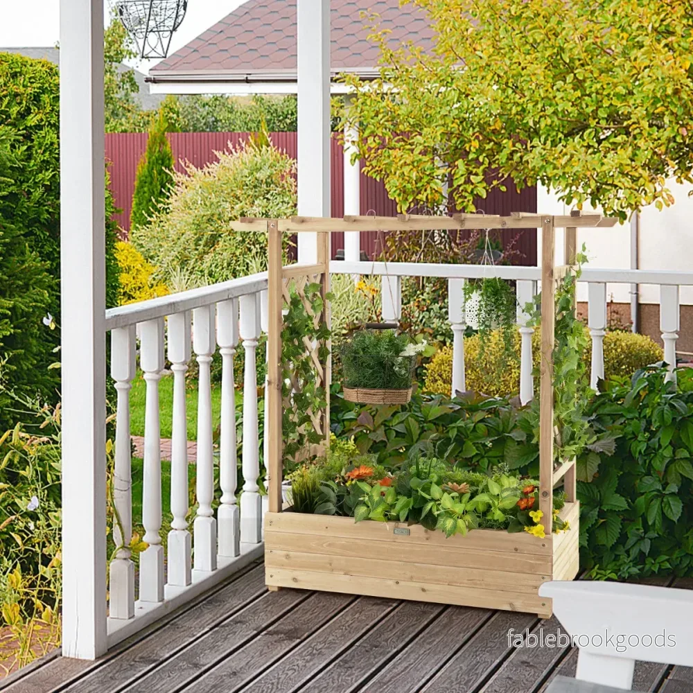 Upphöjd – säng med spaljé och hängande takplanterare Blomlåda för klätterväxter Naturlig – Natur - Bild 2