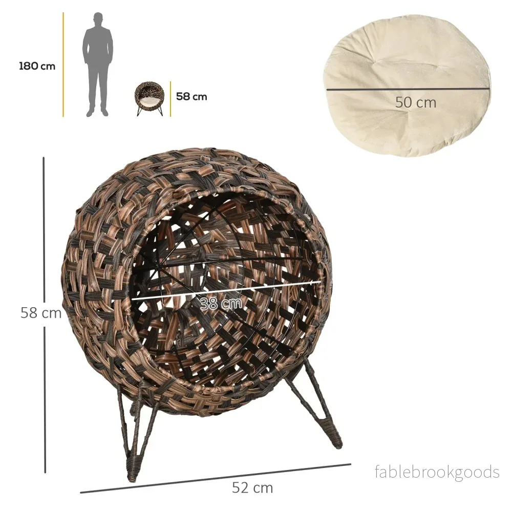 Rattan Cat Bed, förhöjd design med kudde, brun Ø52cm - Bild 3