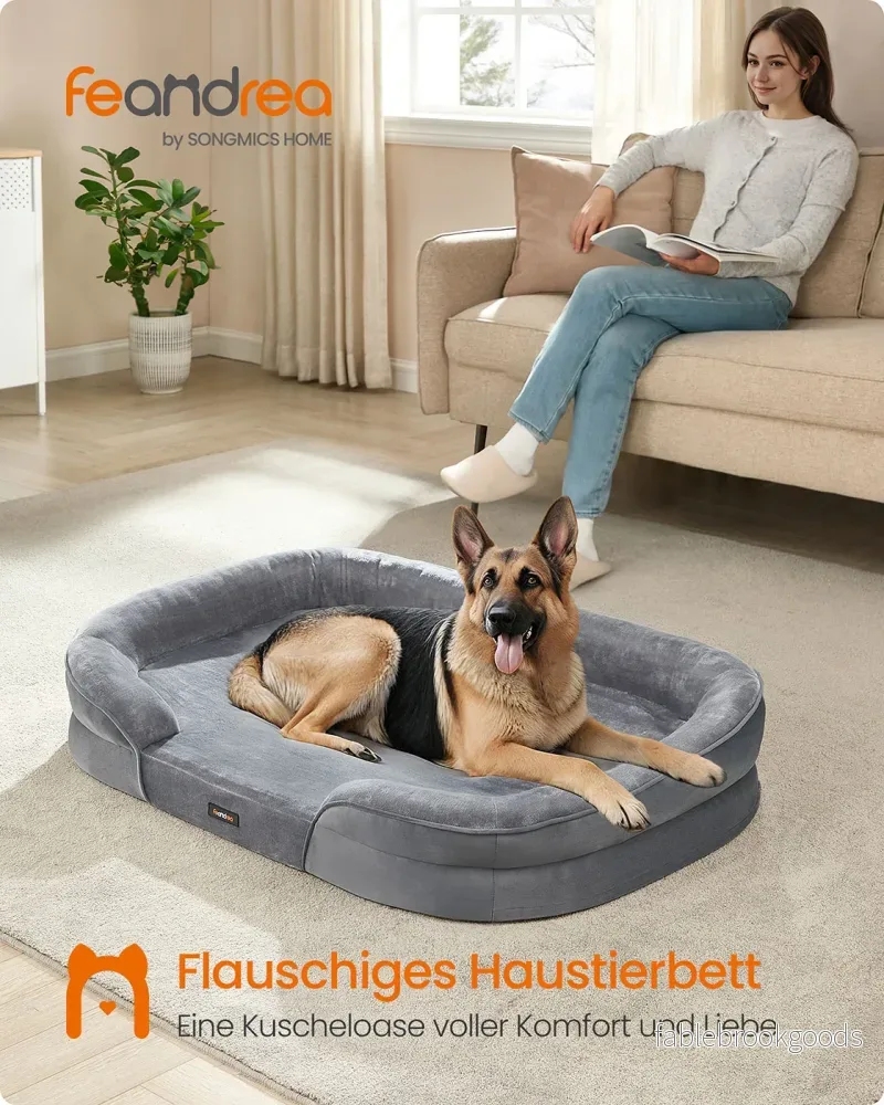 Hundbädd – Upphöjda kanter – Flanell och sammet – Ljusgrå - Bild 2