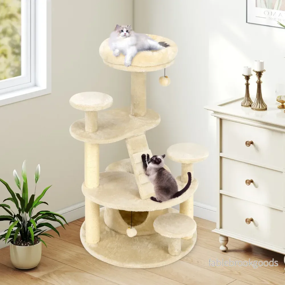 Kattorn – för vuxna katter, klätterträd i flera nivåer med grotta och vadderad sittplats – Beige - Bild 3