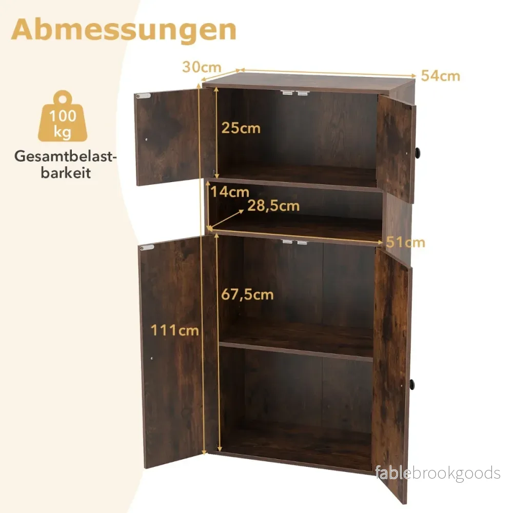 Hög – bokhylla med dörrar våningsförvaringsorganiserare justerbara hyllor – 4 4 111 cm – Rustik brun - Bild 2