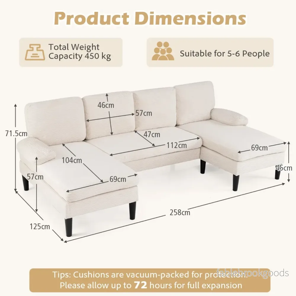 U – formad soffa för personer, Cloud med tyg i kord, modern – 5-6 – Beige - Bild 2