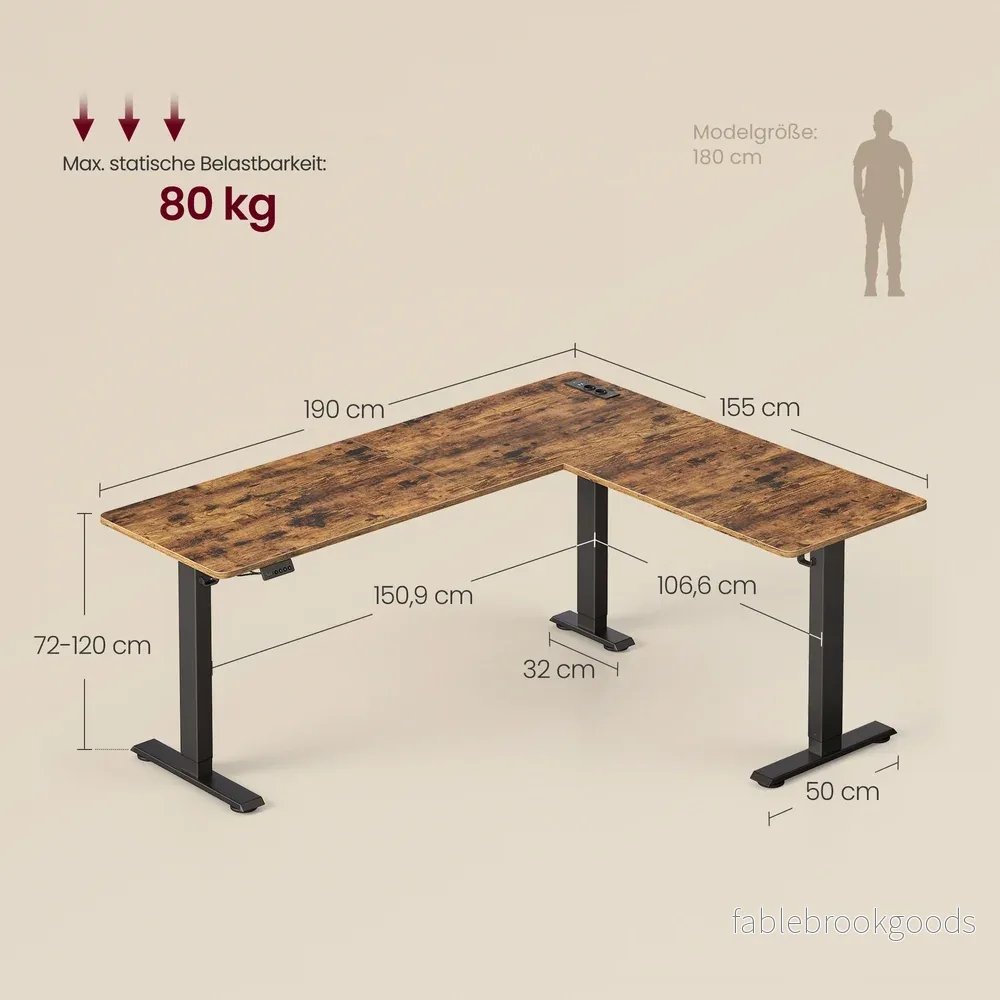 Bureau - 190 x 155 x (72-120) cm - L-vormig - in hoogte verstelbaar - vintage bruin - 80 kg maximaal gewicht - Bild 3
