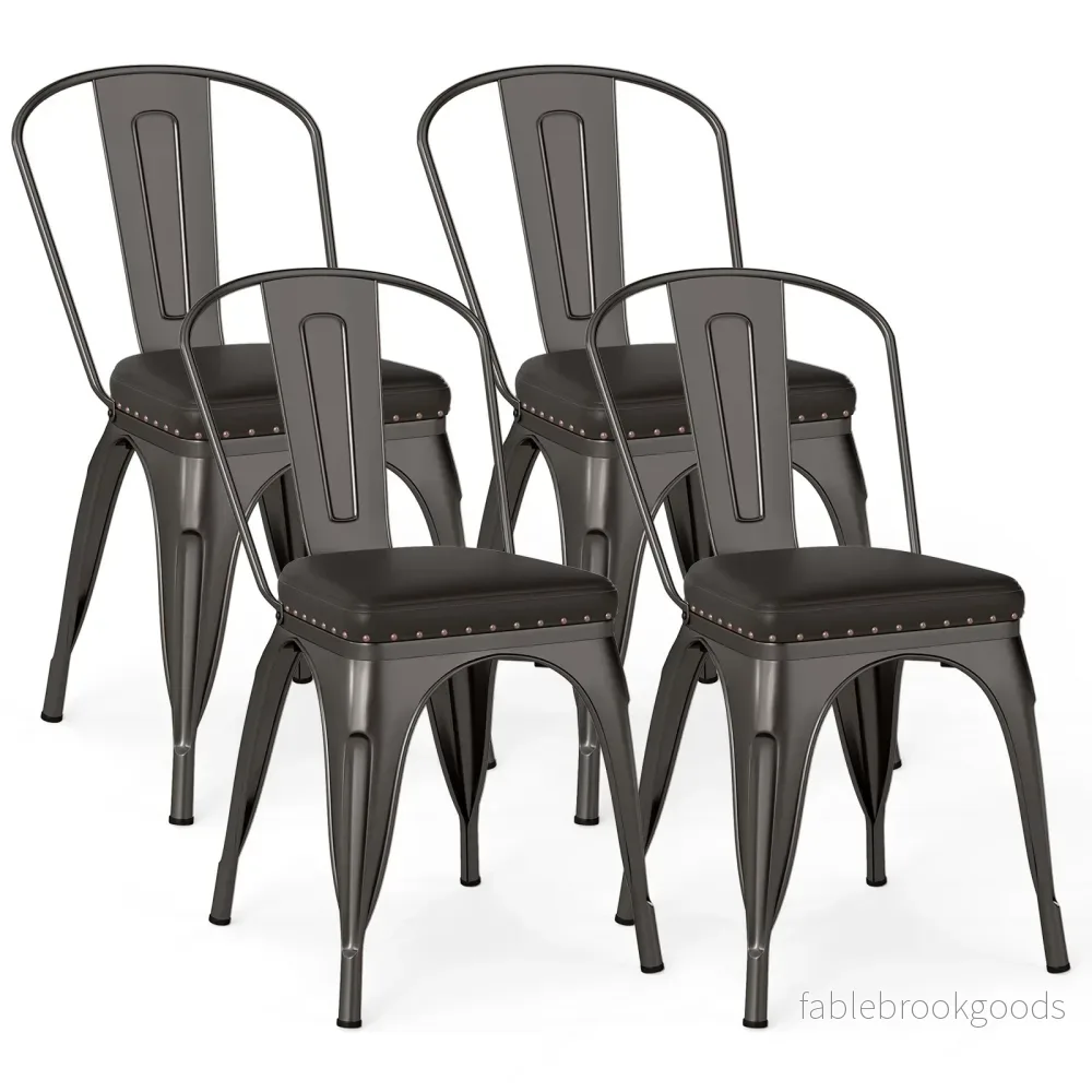 Matstolar – pack Bistrostol Metallstol stapelbar Kökstolar med stoppning Trädgårdsstolar ryggstöd – 4 44 x 53 x 84 cm – Skottgrå