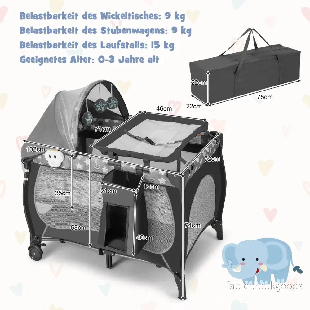 I – babysäng Bärbar spjälsäng Resesäng med hopfällbar madrass – 5 1 102 cm x 72 cm x 74 cm – Mörkgrå - Bild 2