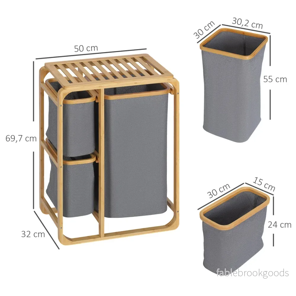 Bambu tvättsorterare med 3 avtagbara påsar, grå/naturlig - Bild 3