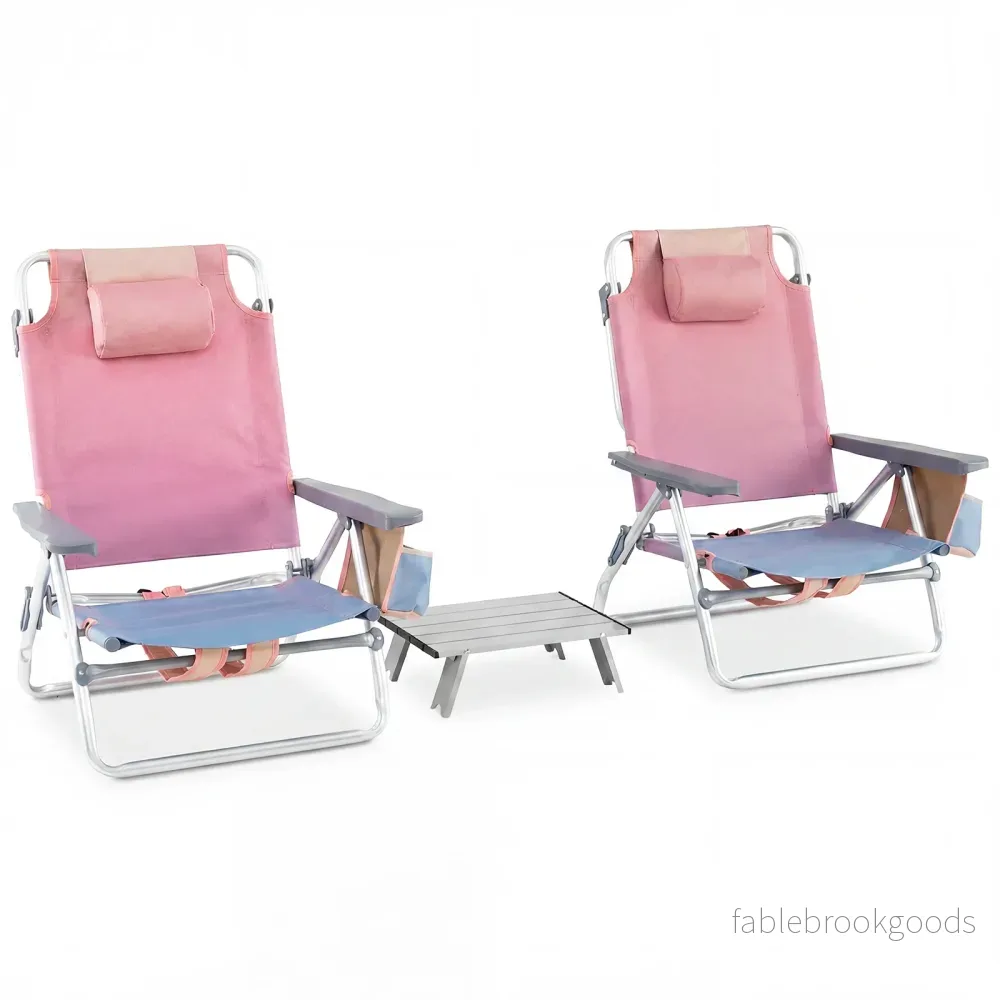 delat – strandstol och bord set utomhus liggstolar med rullbart – 3 – Rosa